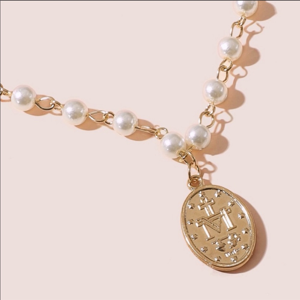 Gold Layered Pearl Oval Religious Medal Necklace - Picture 3 of 6